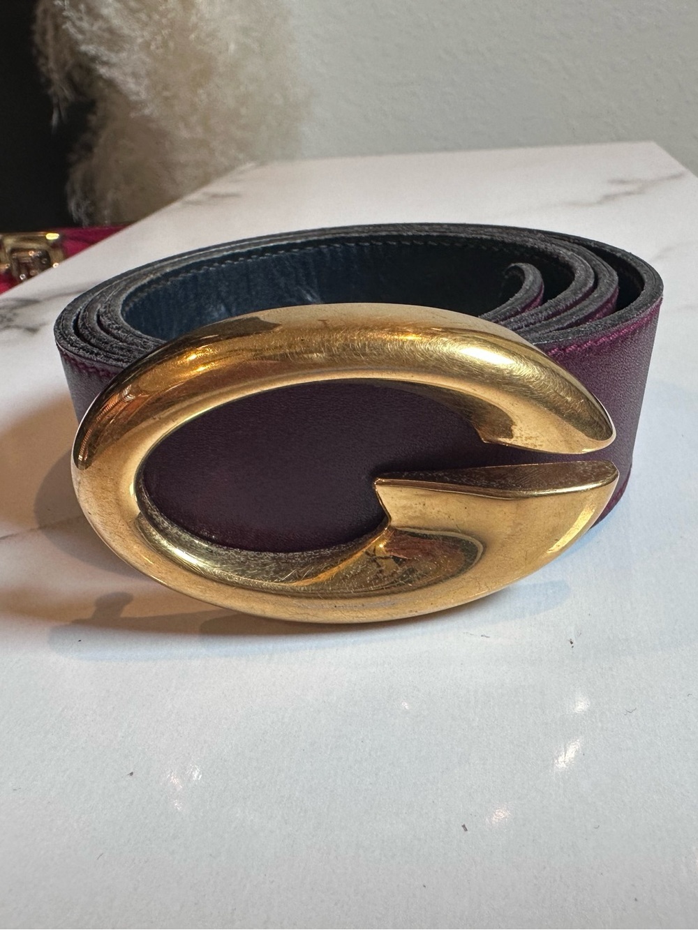 Gold Buckle Maroon Leather Belt - Unbranded
